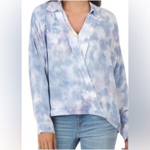 Young Fabulous & Broke Surplice Blue Tie Dye Long Sleeve Top Womens Size Medium